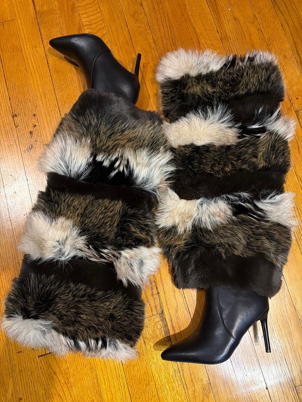 Black High Heel Boots with Multi-Color Fur Trim Pointed Toe Stiletto Heels